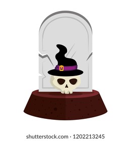 halloween gravestone with skull and witch hat
