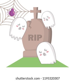 halloween gravestone with spiderweb and ghosts