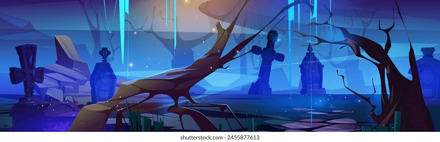 Halloween graveyard background. Spooky cemetery at night cartoon illustration. Scary tombstone, tree silhouette and magic light mystery panoramic landscape. 2d helloween concept comic game image