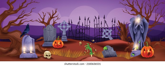 Halloween graveyard background, spooky holiday cemetery landscape, stone cross ancient graves. Scary night scene, dead tree, gate, creepy zombie hand, angel statue. Halloween graveyard illustration