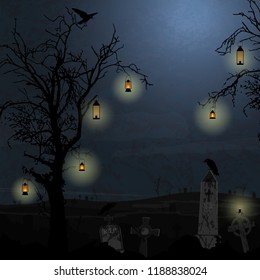 halloween graveyard background with trees and hanging lights in front of an dark night
