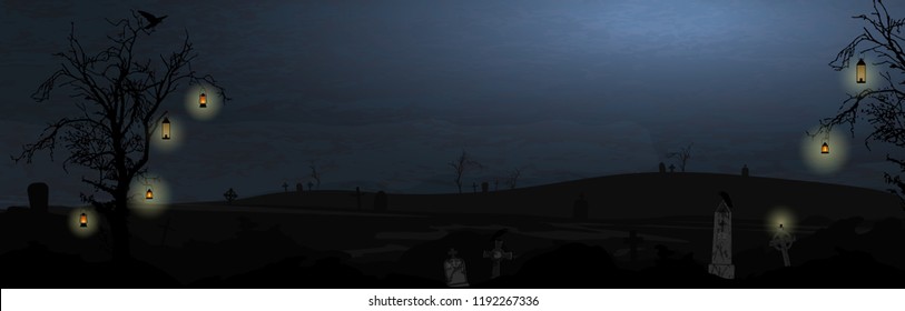 halloween graveyard background with trees and hanging lights in front of an dark night