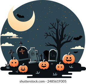 Halloween graveyard with bats and pumpkins