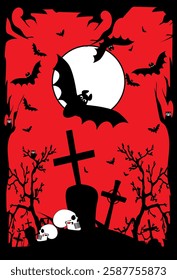 Halloween Graveyard. A black and white illustration against a vibrant red background depicts a spooky Halloween scene. The image features a full moon with a large bat flying in front of it