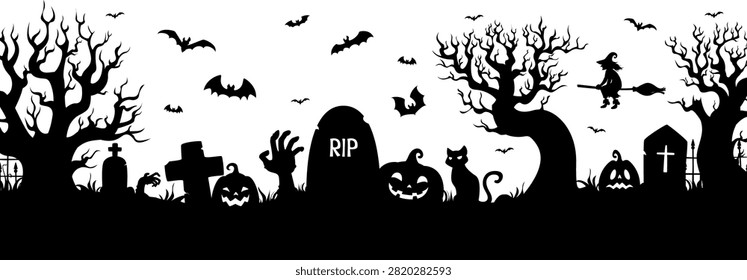 Halloween graveyard cemetery landscape vector silhouette. Spooky black silhouette of a graveyard with tombstones, twisted trees, bats, zombie hands, pumpkins and witch flying on a broom