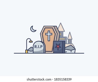 Halloween graveyard and coffin flat outline illustration