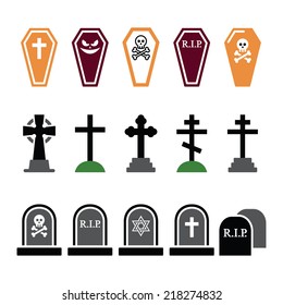 Halloween, graveyard colorful icons set - coffin, cross, grave 