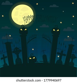 halloween graveyard with crosses and evil pumpkins