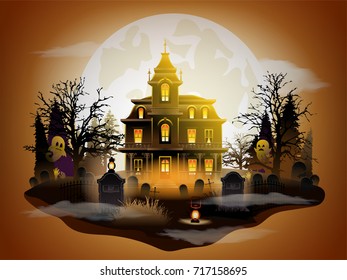 Halloween graveyard and dark castle on Moon background, vector illustration