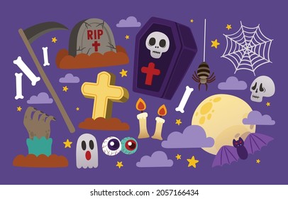 Halloween in Graveyard Element Collection, Cute Cartoon, Flat Design, Vector, Illustration
