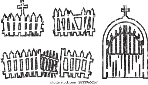 Halloween Graveyard Fence and Gate Vector Set – Spooky Cemetery Cross Wooden Fence Distressed Grunge Illustration