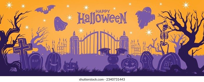 Halloween graveyard fence silhouette background, vector spooky cartoon cemetery landscape, pumpkin. Horror tree tombstone gate, cute flying ghost creepy skeleton monster. Halloween graveyard panorama 