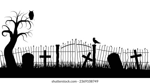 Halloween Graveyard Fence Silhouette with a Raven. Social holiday topic flat vector art