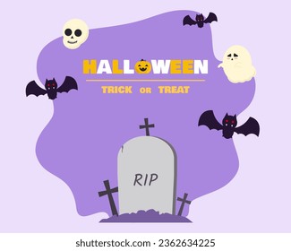 Halloween with graveyard graves with bats, ghosts and skulls on purple background. Designed to use as a Happy Halloween banner or party invitation background. Halloween concept. Vector illustration
