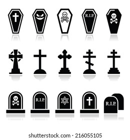 Halloween, graveyard icons set - coffin, cross, grave 