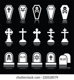 Halloween, graveyard icons set - coffin, cross, grave on black