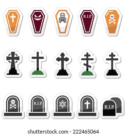 Halloween, graveyard icons set - coffin, cross, grave