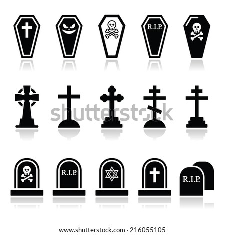 Halloween, graveyard icons set - coffin, cross, grave 