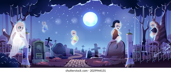 Halloween graveyard landing page. Night cemetery with flying ghosts, huge moon, creepy gravestones and crosses. Spooky scene for seasonal holiday web banner background. Cartoon vector illustration