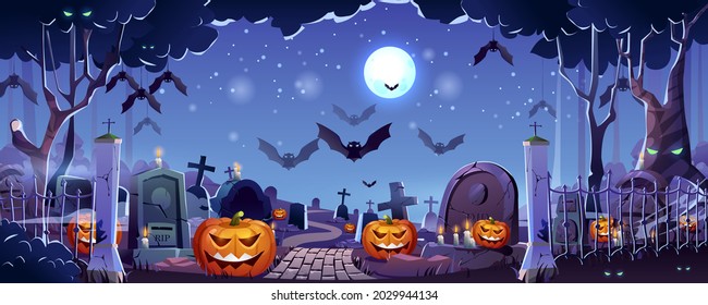 Halloween graveyard landing page. Night cemetery with gravestones and crosses, flying bats and creepy pumpkins. Spooky scene for seasonal holiday web banner background. Cartoon vector illustration