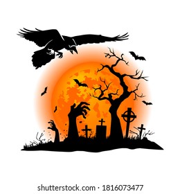 Halloween graveyard landscape with horror elements. Black raven against the background of a full moon, a grave, a dead zombie hand. Illustration, vector