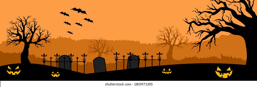 Halloween graveyard landscape with pumpkin , spooky tree and gravestone , Halloween Backgrounds