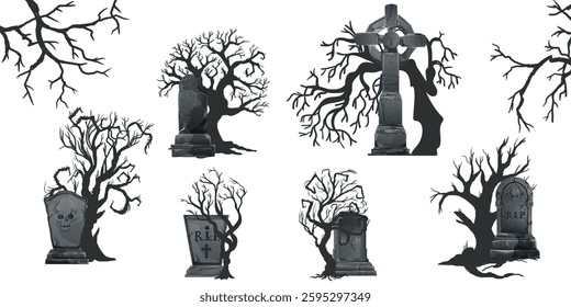 Halloween graveyard landscape, vector scary holiday cemetery view, stone tomb, cross, old tree, crow. Spooky gravestone frame, vintage photocopy grain creepy print effect. Halloween graveyard poster