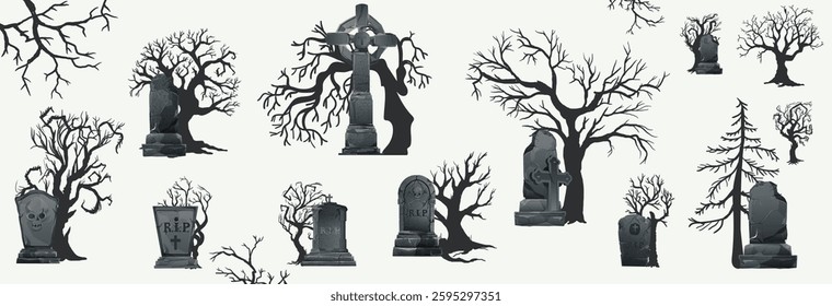 Halloween graveyard landscape, vector scary holiday cemetery view, stone tomb, cross, old tree, crow. Spooky gravestone frame, vintage photocopy grain creepy print effect. Halloween graveyard poster