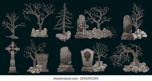 Halloween graveyard landscape, vector scary holiday cemetery view, stone tomb, cross, old tree, crow. Spooky gravestone frame, vintage photocopy grain creepy print effect. Halloween graveyard poster