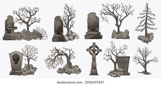 Halloween graveyard landscape, vector scary holiday cemetery view, stone tomb, cross, old tree, crow. Spooky gravestone frame, vintage photocopy grain creepy print effect. Halloween graveyard poster