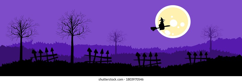 Halloween graveyard landscape with witches, spooky tree and grave, Halloween Backgrounds