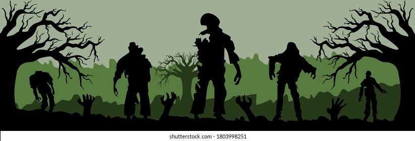 Halloween graveyard landscape with zombies. Hand zombies, spooky trees and abstracted gravestones behind. Halloween theme background