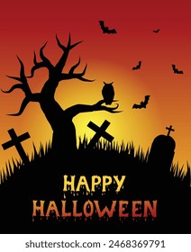 Halloween Graveyard with Lonely Tree. Horror and national holiday concept vector art