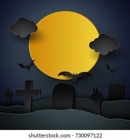 Halloween with graveyard in the moon , paper art style