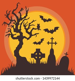 Halloween graveyard night spooky scene with tombstones, dead tree, owl and flying bats silhouettes against full moon. October Party single icon, poster, greeting card template with scary cemetery.