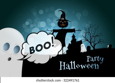 Halloween Graveyard Party Background with Scarecrow, Ghosts, Pumpkins and Bats