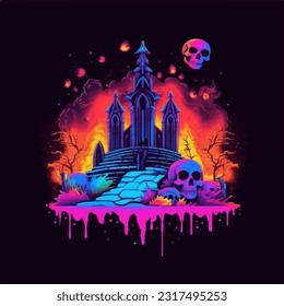 A halloween graveyard party logo with skulls, paint and glitter