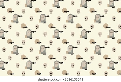 Halloween Graveyard Pattern – Skulls, Tombstones, Bats, and Full Moon on Beige Background