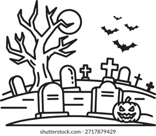 Halloween graveyard pumpkin jack o lantern bat scary tree grave icon logo vector silhouette symbol sign bold line art spooky holiday carving graphic design