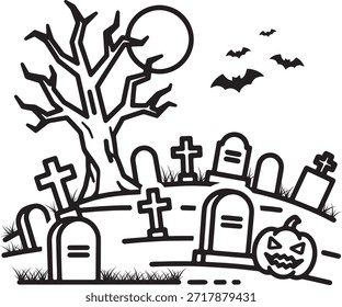 Halloween graveyard pumpkin jack o lantern bat scary tree grave icon logo vector silhouette symbol sign bold line art spooky holiday carving graphic design