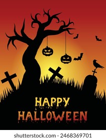 Halloween Graveyard with Pumpkins and Lonely Tree. Horror and national holiday concept vector art