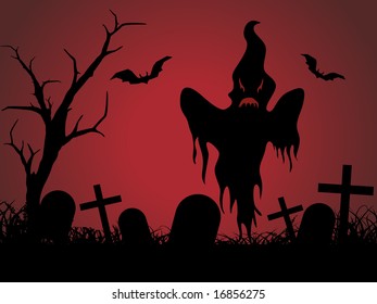 halloween graveyard red background, illustration