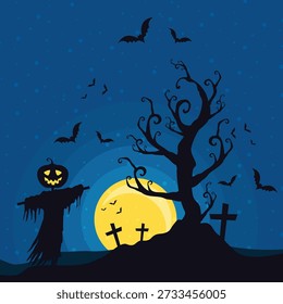 halloween graveyard scene, pumpkin head, night silhouettes