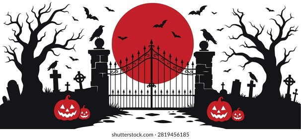 Halloween graveyard scene with a red moon, spooky trees, iron gates, jackolanterns, bats, and crows vector illustration of a haunted cemetery entrance for holiday party decorations