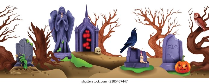 Halloween Graveyard Seamless Background, Ancient Stone Cross, Spooky Holiday Cemetery Landscape. Scary Scene, Creepy Zombie Hand, Angel Statue, Dead Tree, Graves. Halloween Graveyard Illustration