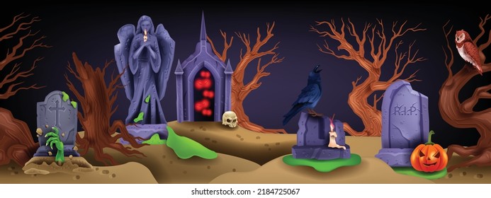 Halloween graveyard seamless background, spooky holiday cemetery landscape, ancient stone cross. Scary night scene, dead tree, graves, creepy zombie hand angel statue. Halloween graveyard illustration