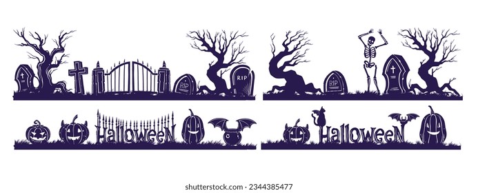 Halloween graveyard silhouette border set, vector cemetery fence background, spooky holiday decor. Cartoon creepy gravestone old tree, funny pumpkin, dancing skeleton tombstone. Halloween border frame