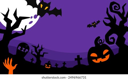 Halloween Graveyard Silhouette on Purple Background with Pumpkin, Zombie Hand and Bat