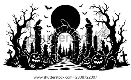 Halloween graveyard silhouette with spooky trees, pumpkins, tombstones, and a full moon