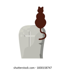 halloween graveyard tomb cemetery with cat vector illustration design